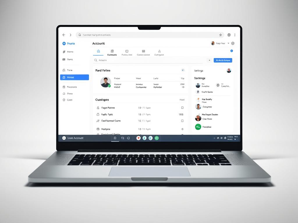 A highly detailed, photorealistic image of a single, sleek, modern-looking computer account interface. The interface should be displayed on a laptop or desktop computer screen, with a clean, minimalist design featuring simple navigation menus, profile settings, and a streamlined dashboard. The scene should be well-lit, with soft, directional lighting creating depth and dimension. The background should be a plain, white or light-colored surface, allowing the account interface to be the focal point. The overall mood should convey a sense of efficiency, professionalism, and user-friendliness. A highly detailed, photorealistic image of a single, sleek, modern-looking computer account interface. The interface should be displayed on a laptop or desktop computer screen, with a clean, minimalist design featuring simple navigation menus, profile settings, and a streamlined dashboard. The scene should be well-lit, with soft, directional lighting creating depth and dimension. The background should be a plain, white or light-colored surface, allowing the account interface to be the focal point. The overall mood should convey a sense of efficiency, professionalism, and user-friendliness.