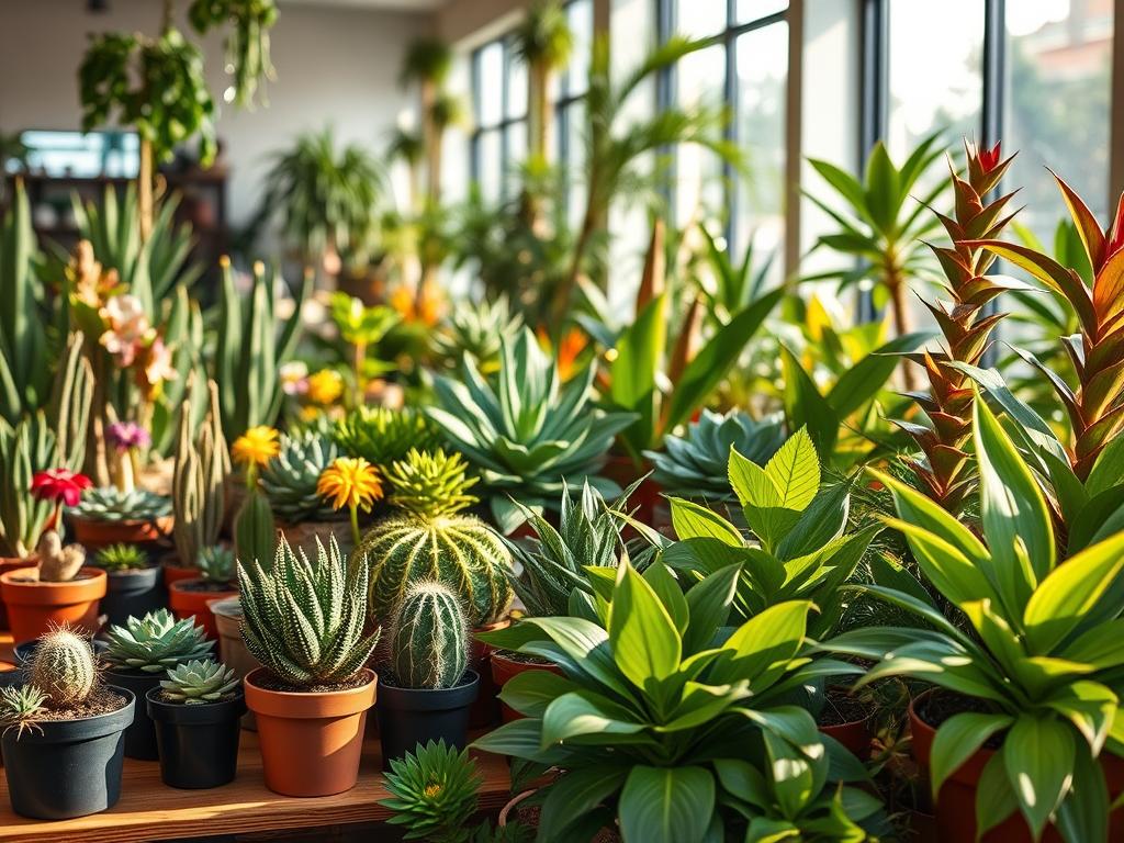 A lush, vibrant garden of diverse ornamental plants, bathed in warm, natural lighting. In the foreground, a variety of potted succulents, cacti, and flowering houseplants arranged neatly on a wooden shelf. The middle ground showcases a mix of leafy tropical foliage plants, their verdant hues contrasting against a softly blurred background. Framing the scene, a modern, minimalist interior with large windows, allowing the natural light to pour in and highlight the rich colors and textures of the "plantas". The overall atmosphere is one of tranquility, inviting the viewer to explore and discover the perfect plant for their home or office. A lush, vibrant garden of diverse ornamental plants, bathed in warm, natural lighting. In the foreground, a variety of potted succulents, cacti, and flowering houseplants arranged neatly on a wooden shelf. The middle ground showcases a mix of leafy tropical foliage plants, their verdant hues contrasting against a softly blurred background. Framing the scene, a modern, minimalist interior with large windows, allowing the natural light to pour in and highlight the rich colors and textures of the "plantas". The overall atmosphere is one of tranquility, inviting the viewer to explore and discover the perfect plant for their home or office.