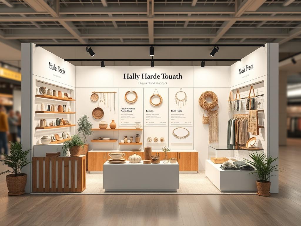 A modern and well-designed digital vendor booth for selling handmade crafts at a virtual marketplace. The booth features a simple yet stylish layout with a clean, minimalist aesthetic. The centerpiece is a large, high-quality product display showcasing several handmade items such as pottery, jewelry, and textiles, each with detailed descriptions. The booth has a warm, inviting atmosphere created by soft, diffused lighting and a neutral color palette of whites, grays, and natural wood tones. In the background, a subtle gradient or blurred scene suggests an online marketplace or digital exhibition space. The overall impression is one of professionalism, creativity, and the artisanal quality of the handmade products on offer. A modern and well-designed digital vendor booth for selling handmade crafts at a virtual marketplace. The booth features a simple yet stylish layout with a clean, minimalist aesthetic. The centerpiece is a large, high-quality product display showcasing several handmade items such as pottery, jewelry, and textiles, each with detailed descriptions. The booth has a warm, inviting atmosphere created by soft, diffused lighting and a neutral color palette of whites, grays, and natural wood tones. In the background, a subtle gradient or blurred scene suggests an online marketplace or digital exhibition space. The overall impression is one of professionalism, creativity, and the artisanal quality of the handmade products on offer.