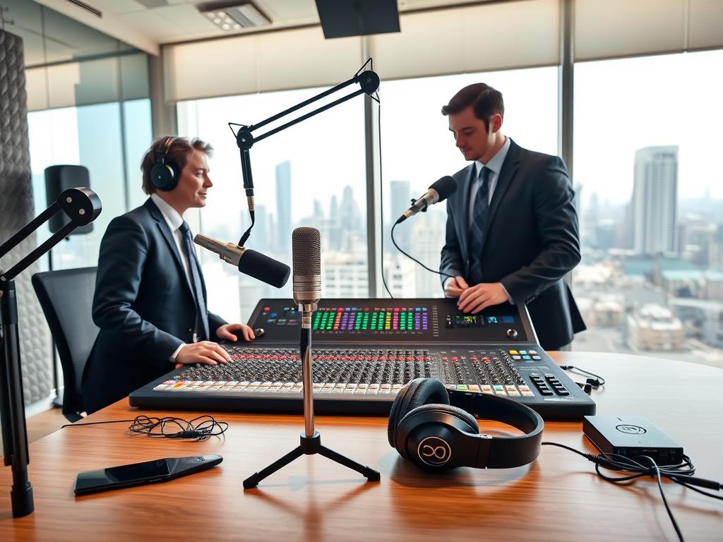 A modern corporate podcasting studio, featuring two professionals in business attire, one speaking into a high-quality microphone and the other adjusting sound equipment. In the foreground, a sleek microphone and acoustically treated walls, hinting at creativity and focus. In the middle ground, a large soundboard displaying colorful audio levels, with headphones resting on the table. In the background, large windows showing a city skyline, accentuated by soft, natural lighting that creates a vibrant atmosphere. The studio should feel dynamic and engaging, reflecting the process of designing a corporate podcast plan, complete with visuals representing target audience demographics and a brainstorming board. A modern corporate podcasting studio, featuring two professionals in business attire, one speaking into a high-quality microphone and the other adjusting sound equipment. In the foreground, a sleek microphone and acoustically treated walls, hinting at creativity and focus. In the middle ground, a large soundboard displaying colorful audio levels, with headphones resting on the table. In the background, large windows showing a city skyline, accentuated by soft, natural lighting that creates a vibrant atmosphere. The studio should feel dynamic and engaging, reflecting the process of designing a corporate podcast plan, complete with visuals representing target audience demographics and a brainstorming board.