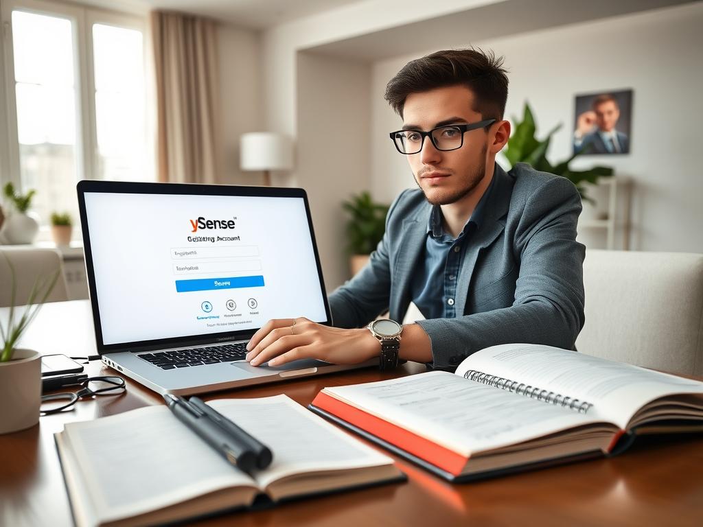 A modern digital workspace showcasing a user registering an account on the ySense platform. In the foreground, a focused young professional in smart casual attire is seated at a sleek desk, engaging with a laptop that displays the ySense registration page. The middle ground features an open notebook with handwritten notes and a smartphone, symbolizing multitasking. In the background, a well-lit room with neutral tones and minimalistic decor enhances a productive atmosphere, while a large window lets in soft, diffused natural light. The mood is upbeat and encouraging, reflecting the ambition of making money online through click-based advertising. The scene captures the essence of online entrepreneurship in a vibrant, accessible way. A modern digital workspace showcasing a user registering an account on the ySense platform. In the foreground, a focused young professional in smart casual attire is seated at a sleek desk, engaging with a laptop that displays the ySense registration page. The middle ground features an open notebook with handwritten notes and a smartphone, symbolizing multitasking. In the background, a well-lit room with neutral tones and minimalistic decor enhances a productive atmosphere, while a large window lets in soft, diffused natural light. The mood is upbeat and encouraging, reflecting the ambition of making money online through click-based advertising. The scene captures the essence of online entrepreneurship in a vibrant, accessible way.