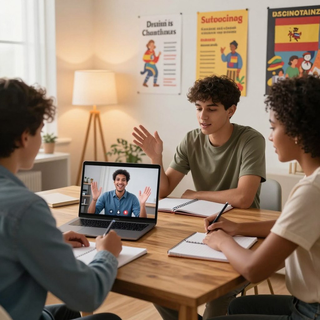 A modern, inviting online Spanish tutoring setting, featuring a diverse group of three professional individuals engaged in a virtual lesson. In the foreground, a laptop displays a lively video call with a friendly tutor gesturing animatedly, while students of various ethnicities are seated at a rectangular wooden table, equipped with notebooks and pens, showcasing their focus and engagement. The middle ground includes wall-mounted educational posters illustrating Spanish vocabulary and cultural references. The background features soft, warm lighting from a window, casting a pleasant glow. The atmosphere is dynamic and inspiring, emphasizing the interactive experience of learning Spanish online. The scene should evoke a sense of professionalism and accessibility, reflecting the appeal of online tutoring options.