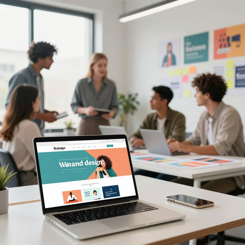 A modern office environment designed for a web design team, showcasing the concept of brand identity and visual consistency. In the foreground, a sleek desk with a laptop displaying a beautifully designed webpage, featuring harmonious colors and typography that reflect a strong brand identity. In the middle, a diverse team of three professionals in business casual attire brainstorming ideas on sticky notes and mockups spread on a conference table, displaying enthusiasm and collaboration. In the background, a large window with soft, natural light illuminating the space, and a wall adorned with inspirational branding graphics. The overall mood is creative and professional, highlighting the importance of cohesive visual elements in web design for small businesses.