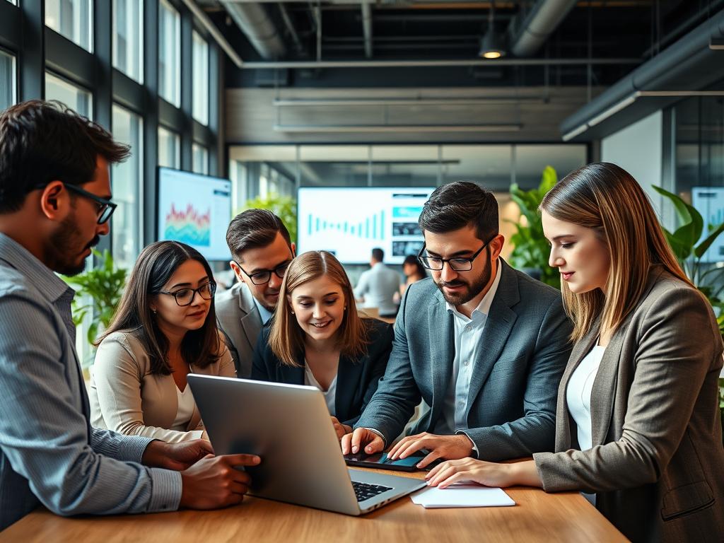 A modern office environment showcasing app testing in action. In the foreground, a diverse group of professionals in business attire collaborate over a laptop displaying an app interface, their faces focused and engaged. In the middle ground, additional team members analyze graphs and data on large screens, using digital devices. The background features a bright, open workspace with glass walls and greenery, conveying an atmosphere of innovation and productivity. Soft, natural lighting enhances the scene, casting gentle shadows and highlighting the technology. A mix of warm and cool tones creates a balanced mood, emphasizing teamwork and flexibility in the app testing process. The composition reflects a dynamic and professional approach to usability and functionality testing.