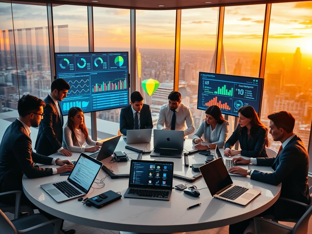 A modern office setting showcasing software integration concepts. In the foreground, a diverse team of professionals in smart business attire collaborate around a sleek, round table covered with laptops and digital devices. The middle ground features large screens displaying colorful data visualizations, charts, and software interfaces that highlight security and compliance metrics. In the background, glass walls reveal a vibrant cityscape bathed in warm, ambient lighting during the golden hour. The atmosphere is dynamic and focused, underscoring teamwork and technological innovation. The composition is captured from a slightly elevated angle, providing a holistic view of the collaborative environment, emphasizing productivity and collaboration.