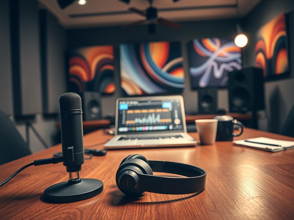 A modern podcast studio interior, showcasing a sleek microphone and headphones on a polished wooden desk in the foreground. In the middle ground, a digital audio mixer and laptop displaying waveform visuals, symbolizing corporate audio editing. The background features soundproof panels and vibrant artwork reflecting creativity and innovation. Soft, ambient lighting casts a warm glow, creating a professional yet inviting atmosphere. Incorporate subtle details like a coffee mug and notepad to enhance the workspace feel. The angle should be slightly tilted down to capture the depth of the studio setup, emphasizing connectivity and the essence of secure and public podcast distribution. Overall, evoke a sense of professionalism and modern technology in podcasting. A modern podcast studio interior, showcasing a sleek microphone and headphones on a polished wooden desk in the foreground. In the middle ground, a digital audio mixer and laptop displaying waveform visuals, symbolizing corporate audio editing. The background features soundproof panels and vibrant artwork reflecting creativity and innovation. Soft, ambient lighting casts a warm glow, creating a professional yet inviting atmosphere. Incorporate subtle details like a coffee mug and notepad to enhance the workspace feel. The angle should be slightly tilted down to capture the depth of the studio setup, emphasizing connectivity and the essence of secure and public podcast distribution. Overall, evoke a sense of professionalism and modern technology in podcasting.