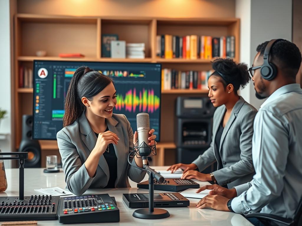 A modern, sleek workspace featuring a diverse group of three professionals collaborating on a podcast project. In the foreground, a focused woman wearing business attire is adjusting a microphone on a podcasting table, with audio equipment like mixers and headphones neatly arranged. The middle layer showcases a large screen displaying audio editing software with colorful waveforms, enhancing the theme of software tools for podcasting. In the background, shelves stocked with books about audio production and corporate branding. Soft, diffused lighting illuminates the scene, creating a productive and inspiring atmosphere, evoking creativity and professionalism in the world of corporate podcasting. A modern, sleek workspace featuring a diverse group of three professionals collaborating on a podcast project. In the foreground, a focused woman wearing business attire is adjusting a microphone on a podcasting table, with audio equipment like mixers and headphones neatly arranged. The middle layer showcases a large screen displaying audio editing software with colorful waveforms, enhancing the theme of software tools for podcasting. In the background, shelves stocked with books about audio production and corporate branding. Soft, diffused lighting illuminates the scene, creating a productive and inspiring atmosphere, evoking creativity and professionalism in the world of corporate podcasting.