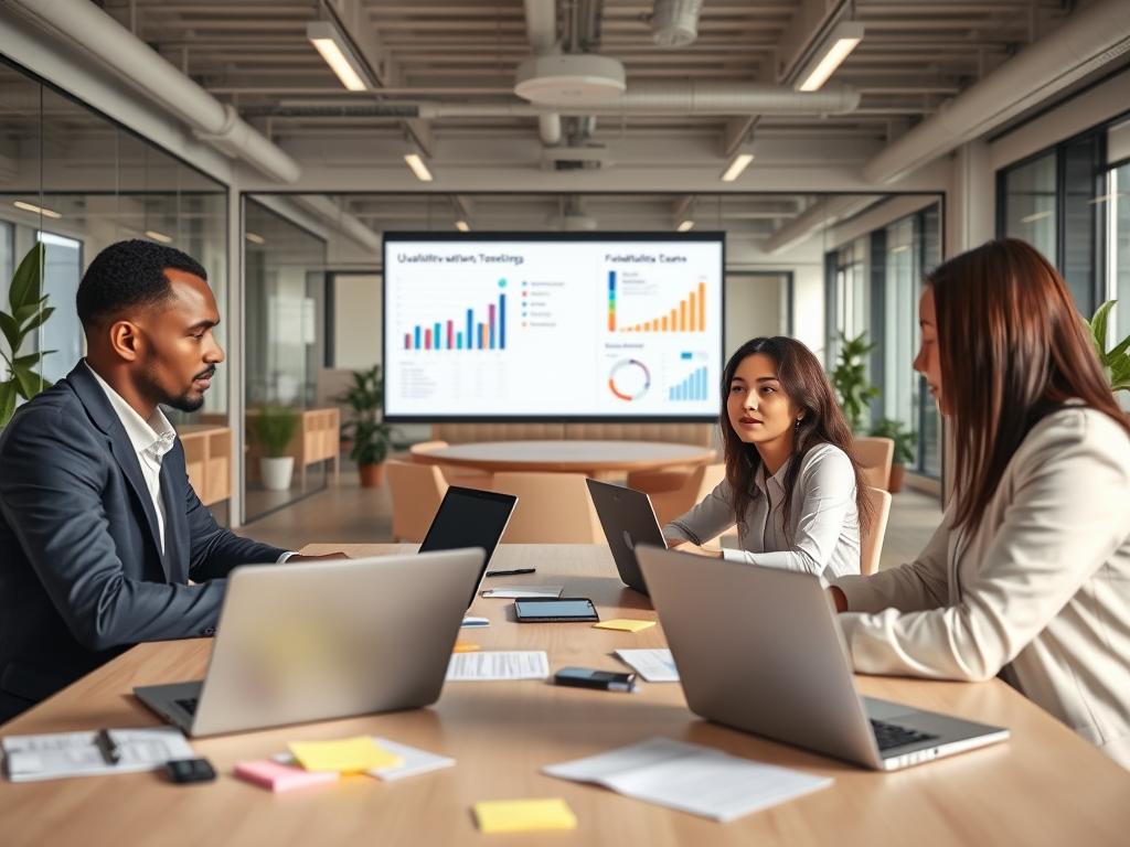 A modern usability testing scene set in a well-lit, professional office environment. In the foreground, a diverse group of three individuals, all dressed in smart business attire, are engaging in a usability test session around a large table filled with laptops and usability testing tools like sticky notes and feedback forms. In the middle ground, a large screen displays graphs and statistics, showcasing qualitative and quantitative data results from the testing. The background features an open office space with glass partitions, light wood furniture, and plants that evoke a tech-savvy, collaborative atmosphere. Use soft, natural lighting to create an inviting and focused mood, capturing the essence of a productive usability testing session.