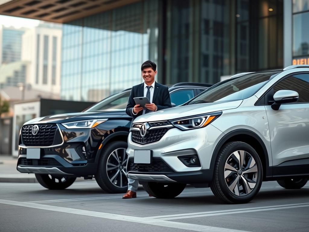 A modern vehicle parked in an urban setting, showcasing a sleek design with reflective surfaces and bright color. In the foreground, the vehicle is angled slightly to the left, highlighting its features under soft, natural lighting. The middle ground includes a friendly, professional individual dressed in business attire, holding a tablet and examining the vehicle, symbolizing the rental process. The background features a blurred cityscape, emphasizing a dynamic and vibrant lifestyle. The mood is professional yet approachable, capturing the essence of car rental services. The image should be shot at a low angle using a wide lens to create a sense of depth and focus on the vehicle. A modern vehicle parked in an urban setting, showcasing a sleek design with reflective surfaces and bright color. In the foreground, the vehicle is angled slightly to the left, highlighting its features under soft, natural lighting. The middle ground includes a friendly, professional individual dressed in business attire, holding a tablet and examining the vehicle, symbolizing the rental process. The background features a blurred cityscape, emphasizing a dynamic and vibrant lifestyle. The mood is professional yet approachable, capturing the essence of car rental services. The image should be shot at a low angle using a wide lens to create a sense of depth and focus on the vehicle.