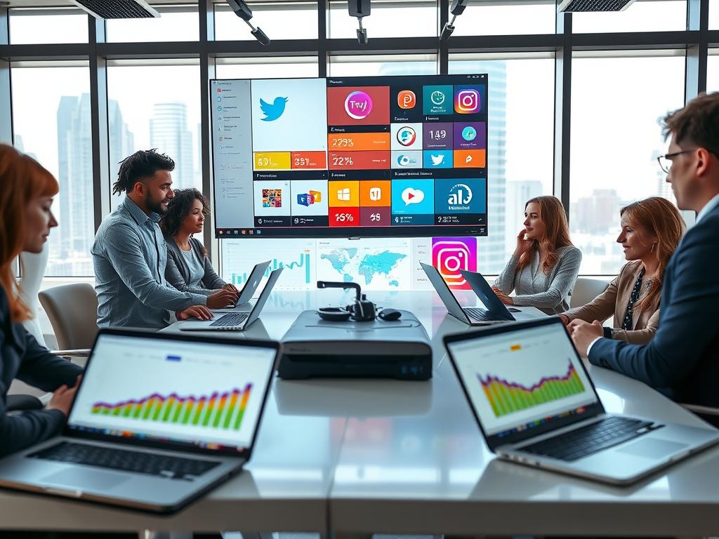 A modern workspace reflecting social media dynamics, with a diverse group of professionals in casual business attire collaborating around a sleek table. In the foreground, laptops open displaying social media analytics and vibrant graphs. The middle layer features a large digital screen showcasing various social media platforms like Twitter and Instagram with colorful logos and user engagement metrics. The background includes cityscape windows, blending a tech-savvy environment with a harmonious atmosphere. Bright, natural light filters through, casting soft shadows, emphasizing the energetic and innovative mood. The perspective is slightly elevated, focusing on the interaction and creativity of the team as they strategize on maximizing social media impact efficiently.