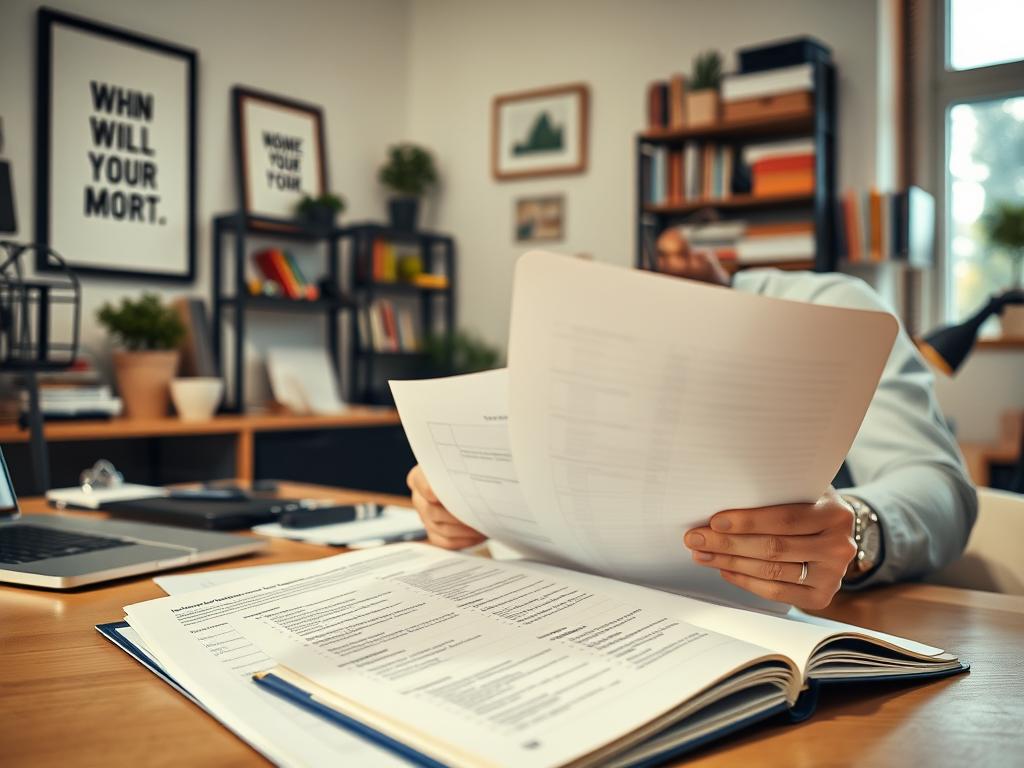 A neatly organized home office with a desk, laptop, and various office supplies. In the foreground, a worker carefully reviews and revises a stack of documents, brow furrowed in concentration. The middle ground features an open notebook displaying task checklists and timelines. In the background, framed motivational artwork and shelves filled with reference materials create a productive, focused atmosphere. Warm, natural lighting filters in through large windows, casting a cozy, professional glow. The scene conveys a sense of diligent task management and attention to detail. A neatly organized home office with a desk, laptop, and various office supplies. In the foreground, a worker carefully reviews and revises a stack of documents, brow furrowed in concentration. The middle ground features an open notebook displaying task checklists and timelines. In the background, framed motivational artwork and shelves filled with reference materials create a productive, focused atmosphere. Warm, natural lighting filters in through large windows, casting a cozy, professional glow. The scene conveys a sense of diligent task management and attention to detail.
