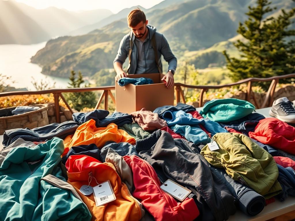 A picturesque scene showcasing the logistics of shipping across Chile for used outdoor clothing. In the foreground, a neatly organized collection of colorful used outdoor apparel lay on a table, with tags still on them, effectively highlighting the concept of second-hand shopping. In the middle ground, a delivery person in modest casual clothing is packing these clothes into a sturdy cardboard box, symbolizing the shipment process. The background features a lush Chilean landscape, with mountains or coastal views that resonate with outdoor adventures. Soft, natural lighting cascades over the scene, creating a warm and inviting atmosphere, while a camera angle captures the action from a slightly elevated perspective, emphasizing the logistics and payment methods in place for safe delivery. A picturesque scene showcasing the logistics of shipping across Chile for used outdoor clothing. In the foreground, a neatly organized collection of colorful used outdoor apparel lay on a table, with tags still on them, effectively highlighting the concept of second-hand shopping. In the middle ground, a delivery person in modest casual clothing is packing these clothes into a sturdy cardboard box, symbolizing the shipment process. The background features a lush Chilean landscape, with mountains or coastal views that resonate with outdoor adventures. Soft, natural lighting cascades over the scene, creating a warm and inviting atmosphere, while a camera angle captures the action from a slightly elevated perspective, emphasizing the logistics and payment methods in place for safe delivery.