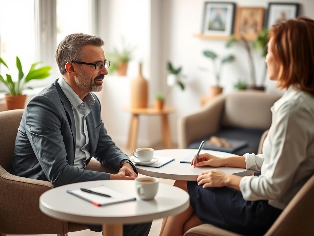 A professional and serene interview setting featuring a father and a caregiver discussing childcare. In the foreground, the father, dressed in smart casual attire, sits across from the caregiver, who is wearing a professional blouse and skirt. Both are engaged in conversation, displaying attentive expressions. The middle ground shows a round table with a notepad, pens, and a cup of coffee, symbolizing a comfortable, informal atmosphere. The background consists of a well-lit room with soft, natural light streaming through a window, adorned with homey decor like plants and family pictures, creating a warm and inviting mood. The lens captures the scene with a slight depth of field, focusing on the subjects while softly blurring the background for emphasis on their interaction. A professional and serene interview setting featuring a father and a caregiver discussing childcare. In the foreground, the father, dressed in smart casual attire, sits across from the caregiver, who is wearing a professional blouse and skirt. Both are engaged in conversation, displaying attentive expressions. The middle ground shows a round table with a notepad, pens, and a cup of coffee, symbolizing a comfortable, informal atmosphere. The background consists of a well-lit room with soft, natural light streaming through a window, adorned with homey decor like plants and family pictures, creating a warm and inviting mood. The lens captures the scene with a slight depth of field, focusing on the subjects while softly blurring the background for emphasis on their interaction.