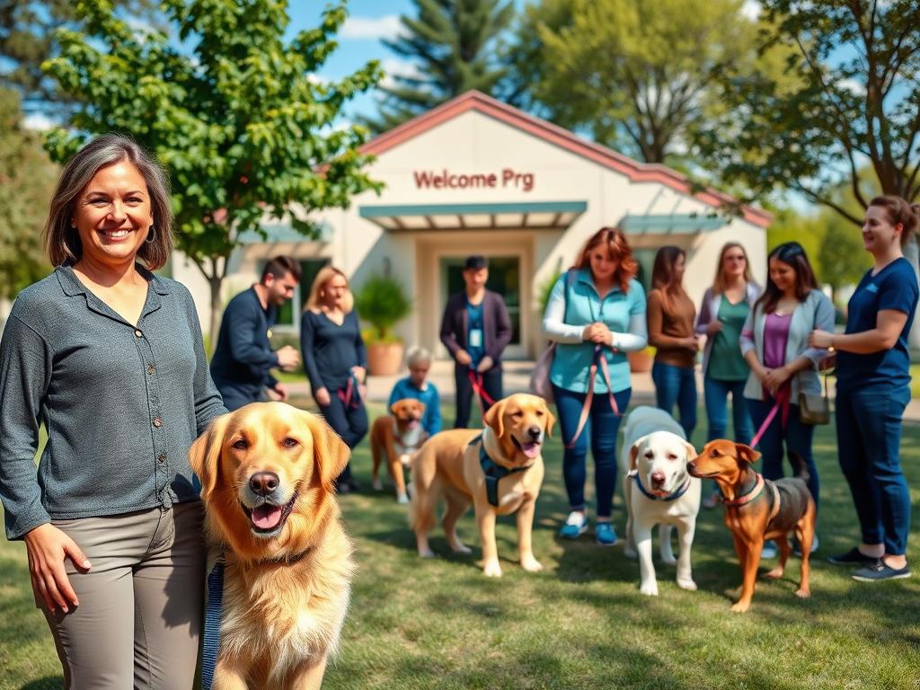 A professional dog sitter stands confidently in the foreground, wearing a smart-casual outfit, with a friendly golden retriever by their side. In the middle ground, a group of diverse pet caregivers interact with various dogs in a well-maintained park, showcasing their attentive and caring demeanor. Some caregivers are demonstrating safety protocols with leashes and harnesses, while others engage with the dogs to build trust. The background features a modern pet care facility with a welcoming entrance, lush greenery, and a clear blue sky, emphasizing a safe and joyful environment. The lighting is warm and natural, creating a friendly and inviting atmosphere. Use a wide-angle lens to capture the sense of community and responsibility among the caregivers, fostering a mood of safety and professionalism. A professional dog sitter stands confidently in the foreground, wearing a smart-casual outfit, with a friendly golden retriever by their side. In the middle ground, a group of diverse pet caregivers interact with various dogs in a well-maintained park, showcasing their attentive and caring demeanor. Some caregivers are demonstrating safety protocols with leashes and harnesses, while others engage with the dogs to build trust. The background features a modern pet care facility with a welcoming entrance, lush greenery, and a clear blue sky, emphasizing a safe and joyful environment. The lighting is warm and natural, creating a friendly and inviting atmosphere. Use a wide-angle lens to capture the sense of community and responsibility among the caregivers, fostering a mood of safety and professionalism.