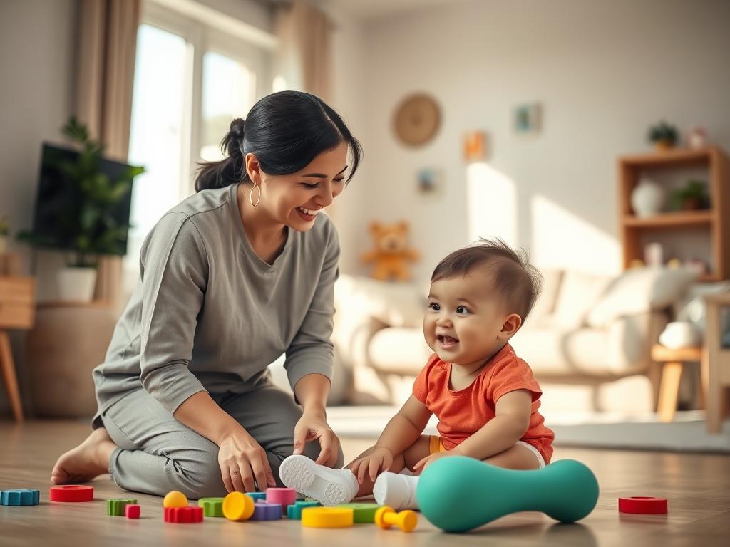 A professional female caregiver, or "niñera," warmly interacting with a happy toddler in a bright, welcoming environment. The foreground features the caregiver kneeling beside the child, both engaged in a playful activity with toys scattered around them. The niñera is dressed in modest, casual clothing, exuding a nurturing vibe. In the middle ground, there is a cozy living room with soft natural light streaming through a window, illuminating the space and creating a cheerful atmosphere. The background showcases a few family-friendly decorations, emphasizing a child-centric home. Capture this scene with a soft focus and warm lighting, evoking a sense of trust and comfort, as well as professionalism in childcare. A professional female caregiver, or "niñera," warmly interacting with a happy toddler in a bright, welcoming environment. The foreground features the caregiver kneeling beside the child, both engaged in a playful activity with toys scattered around them. The niñera is dressed in modest, casual clothing, exuding a nurturing vibe. In the middle ground, there is a cozy living room with soft natural light streaming through a window, illuminating the space and creating a cheerful atmosphere. The background showcases a few family-friendly decorations, emphasizing a child-centric home. Capture this scene with a soft focus and warm lighting, evoking a sense of trust and comfort, as well as professionalism in childcare.
