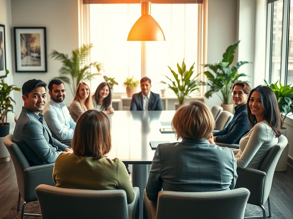 A professional office setting with a warm, inviting atmosphere. In the foreground, a group of individuals engaged in an interview process, their expressions a mix of confidence and attentiveness. The middle ground showcases a sleek, modern conference table surrounded by comfortable chairs, creating an atmosphere of collaborative decision-making. The background features tasteful decor, such as framed artwork and lush potted plants, lending a sense of professionalism and attention to detail. Soft, natural lighting filters in through large windows, casting a gentle glow over the scene. The overall composition conveys a sense of care, diligence, and a commitment to finding the right candidate for the position. A professional office setting with a warm, inviting atmosphere. In the foreground, a group of individuals engaged in an interview process, their expressions a mix of confidence and attentiveness. The middle ground showcases a sleek, modern conference table surrounded by comfortable chairs, creating an atmosphere of collaborative decision-making. The background features tasteful decor, such as framed artwork and lush potted plants, lending a sense of professionalism and attention to detail. Soft, natural lighting filters in through large windows, casting a gentle glow over the scene. The overall composition conveys a sense of care, diligence, and a commitment to finding the right candidate for the position.