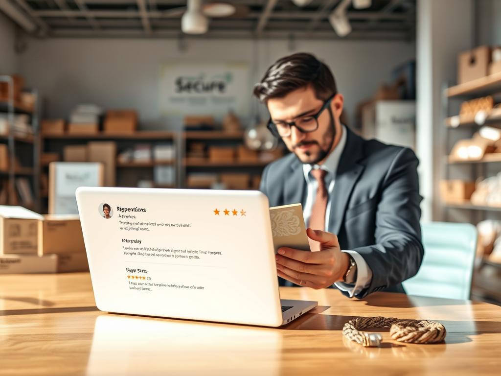 A professional seller in a well-organized digital marketplace, showcasing their high reputation. In the foreground, include a diligent, business-attired seller examining a laptop displaying positive reviews and stats. The middle ground features a polished workspace with various handmade crafts displayed, emphasizing quality and creativity. In the background, softly blurred, are images of shipping boxes and a secure payment method sign, reinforcing a safe buying atmosphere. Use bright, natural lighting to create an optimistic vibe, with a focus on warm tones to evoke trust and reliability. Capture the scene from a slight angle, emphasizing both the seller's focus and the inviting marketplace environment, ensuring clarity and a professional feel.