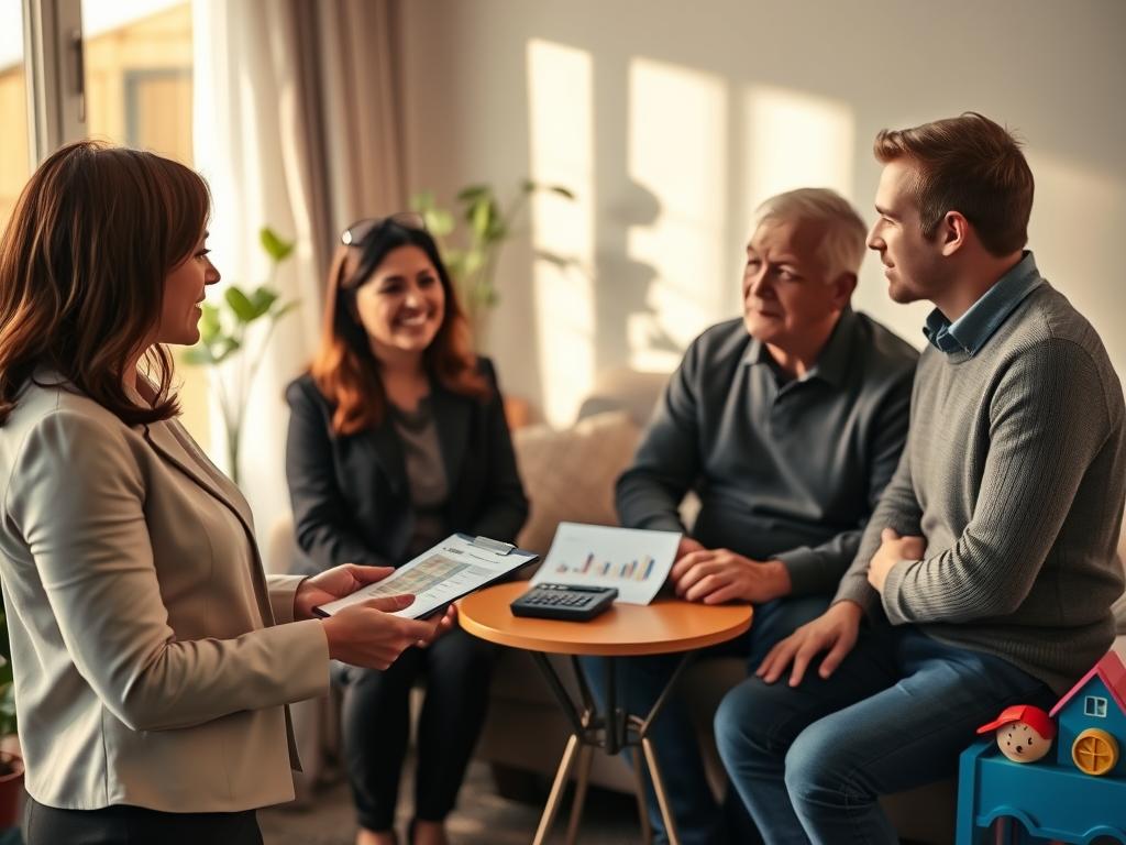 A professional, serene setting showcasing a friendly negotiation between a caregiver and a family in a cozy living room. In the foreground, a woman in smart casual attire is discussing hourly rates with a couple. The woman holds a notepad with a budget chart, while the couple listens attentively, expressing interest and understanding. In the middle ground, there's a small table with money and a calculator, symbolizing financial agreement. The background features soft lighting with a warm ambiance coming from a nearby window, casting gentle shadows and creating an inviting atmosphere. Plants and children's toys subtly enhance the family-friendly environment, while the overall mood conveys professionalism and mutual respect. The image has a slightly blurred depth, focusing on the characters and details in the foreground. A professional, serene setting showcasing a friendly negotiation between a caregiver and a family in a cozy living room. In the foreground, a woman in smart casual attire is discussing hourly rates with a couple. The woman holds a notepad with a budget chart, while the couple listens attentively, expressing interest and understanding. In the middle ground, there's a small table with money and a calculator, symbolizing financial agreement. The background features soft lighting with a warm ambiance coming from a nearby window, casting gentle shadows and creating an inviting atmosphere. Plants and children's toys subtly enhance the family-friendly environment, while the overall mood conveys professionalism and mutual respect. The image has a slightly blurred depth, focusing on the characters and details in the foreground.