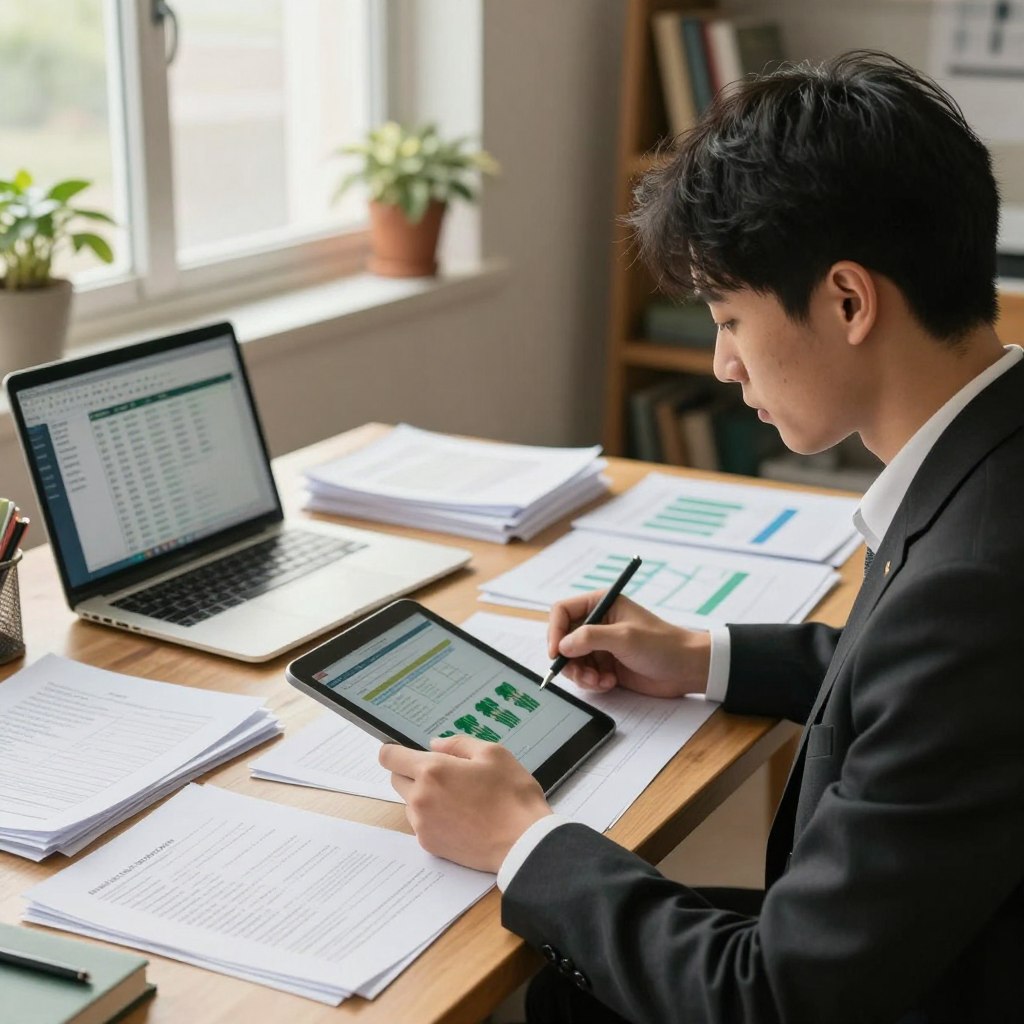 A professional setting depicting a translation project in agriculture. In the foreground, a confident translator in business attire, focused and taking notes on a digital tablet, surrounded by documents featuring crop data and agricultural terminology. In the middle, a large table filled with stacked papers, charts, and a laptop displaying translation software. The background reveals a window with soft daylight streaming in, illuminating the space and creating a warm atmosphere. Subtle details like potted plants and agricultural books on a shelf add depth. The scene reflects organization and professionalism, emphasizing the concepts of timelines, volume of work, and confidentiality in translation. The overall mood is serene and productive, with an emphasis on precision and teamwork.