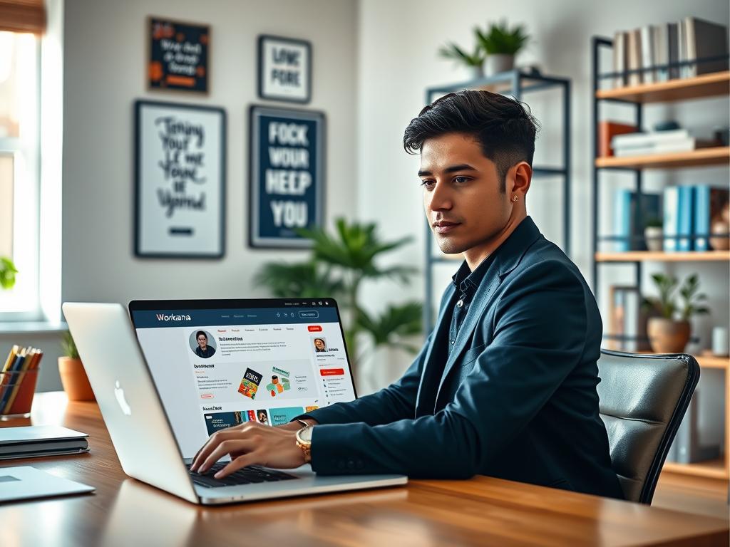 A professional setting featuring a well-organized workspace, highlighting a laptop open to a Workana profile page. In the foreground, a person of Latin American descent, dressed in smart casual attire, sits at a stylish desk, focused on their computer. Their expression conveys concentration and determination. The middle ground includes a well-lit room with motivational posters on the walls and a few potted plants. Natural light streams through a window, creating a warm atmosphere. In the background, shelves display books and a planner, emphasizing organization and readiness for work. The scene embodies a sense of professionalism and ambition, ideal for attracting clients on a freelance platform.