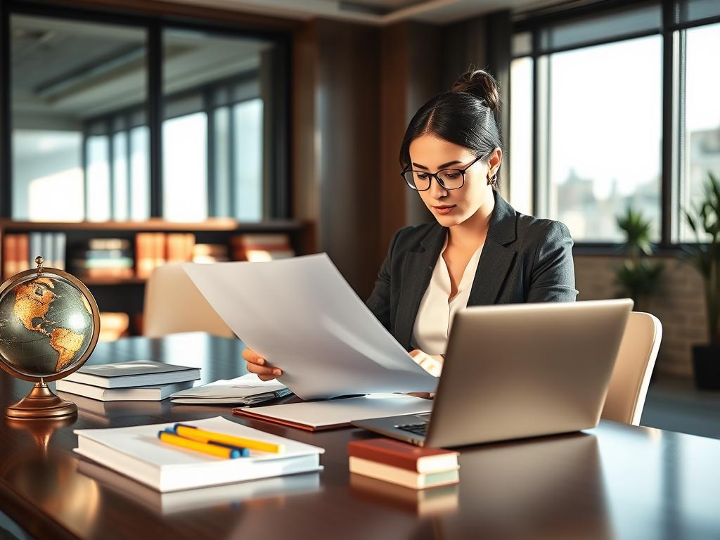 A professional translator in a sleek office environment, engaged in legal document translation. In the foreground, a focused woman in professional business attire studies a stack of legal documents and a laptop, her expressions revealing concentration and precision. In the middle ground, a large, dark wooden desk adorned with highlighters, legal books, and a globe, symbolizing international law. The background features a large window allowing soft, natural light to fill the room, casting gentle shadows and creating a warm, productive atmosphere. The details of a law firm office add to the setting, suggesting a blend of professionalism and trust. The image should evoke a sense of diligence and the critical nature of certified translation in legal contexts. A professional translator in a sleek office environment, engaged in legal document translation. In the foreground, a focused woman in professional business attire studies a stack of legal documents and a laptop, her expressions revealing concentration and precision. In the middle ground, a large, dark wooden desk adorned with highlighters, legal books, and a globe, symbolizing international law. The background features a large window allowing soft, natural light to fill the room, casting gentle shadows and creating a warm, productive atmosphere. The details of a law firm office add to the setting, suggesting a blend of professionalism and trust. The image should evoke a sense of diligence and the critical nature of certified translation in legal contexts.