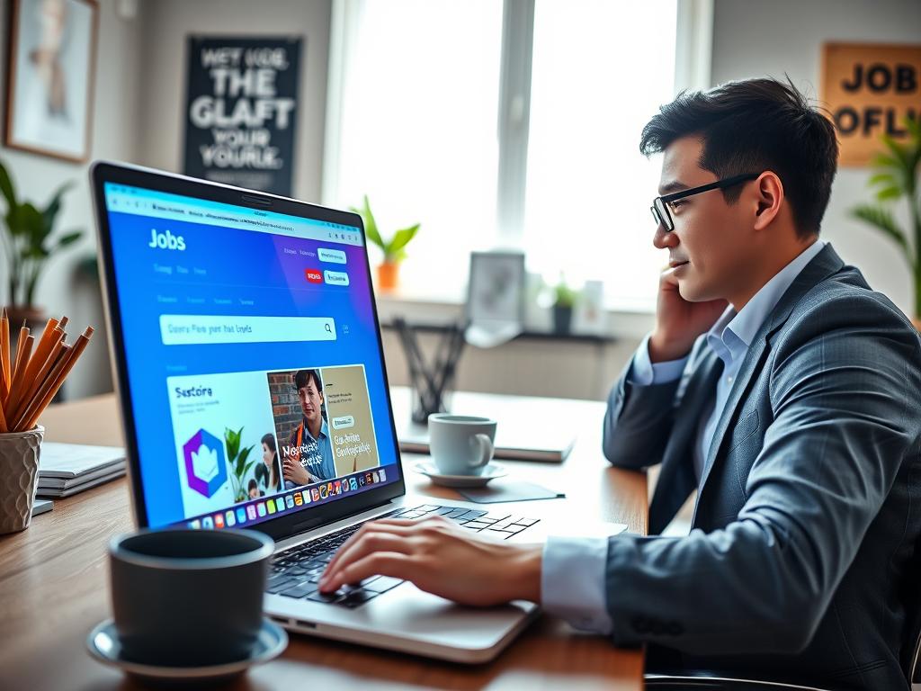 A professional workspace showcasing a laptop with a vibrant, user-friendly interface displaying a job search platform. In the foreground, an individual in smart casual attire is intently reviewing job offers on the screen, with bright colors emanating from the laptop's display. The middle background features a neatly organized desk with stationery and a coffee cup, suggesting productivity and focus. Soft, natural lighting streams in from a window, creating a warm, inviting atmosphere. The overall scene conveys a sense of optimism and opportunity, emphasizing effective job search strategies within a bustling environment. Make sure to include decorative elements like a plant or motivational poster that enhance professionalism without overwhelming the image.