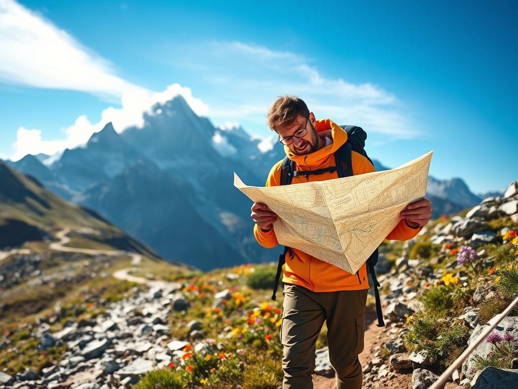 A rugged mountain landscape showcases towering peaks under a clear blue sky. In the foreground, a well-equipped hiker, dressed in professional outdoor gear—waterproof jacket, sturdy boots, and a backpack—studies a detailed topographic map, emphasizing preparation and safety in mountain trekking. The middle ground features a rocky trail winding through alpine meadows filled with colorful wildflowers, suggesting adventure and exploration. In the background, majestic mountains rise high, partially shrouded in wispy clouds, creating a sense of awe. The lighting is bright and natural, capturing the warmth of the sun. The image conveys a mood of inspiration and careful planning for outdoor enthusiasts, perfect for learning about mountain safety and training. A rugged mountain landscape showcases towering peaks under a clear blue sky. In the foreground, a well-equipped hiker, dressed in professional outdoor gear—waterproof jacket, sturdy boots, and a backpack—studies a detailed topographic map, emphasizing preparation and safety in mountain trekking. The middle ground features a rocky trail winding through alpine meadows filled with colorful wildflowers, suggesting adventure and exploration. In the background, majestic mountains rise high, partially shrouded in wispy clouds, creating a sense of awe. The lighting is bright and natural, capturing the warmth of the sun. The image conveys a mood of inspiration and careful planning for outdoor enthusiasts, perfect for learning about mountain safety and training.