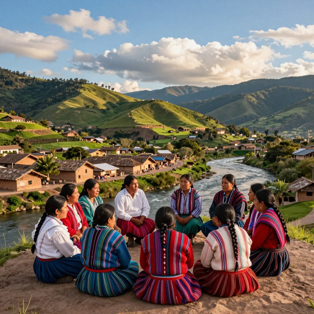 A serene and immersive scene depicting the rich culture of Guatemalan indigenous life. In the foreground, a group of diverse indigenous people, dressed in traditional, modest attire, engage in a lively discussion, showcasing their vibrant woven textiles. The middle ground features a mosaic of landscapes: lush green hills, traditional adobe homes, and a flowing river, all under a radiant blue sky streaked with soft white clouds. In the background, mountains rise majestically, hinting at the deep-rooted history and territory of the communities. The lighting is warm and golden, reminiscent of late afternoon sunlight casting gentle shadows. The overall mood is one of warmth, community, and a celebration of cultural heritage, inviting viewers to explore and understand the indigenous life of Guatemala. A serene and immersive scene depicting the rich culture of Guatemalan indigenous life. In the foreground, a group of diverse indigenous people, dressed in traditional, modest attire, engage in a lively discussion, showcasing their vibrant woven textiles. The middle ground features a mosaic of landscapes: lush green hills, traditional adobe homes, and a flowing river, all under a radiant blue sky streaked with soft white clouds. In the background, mountains rise majestically, hinting at the deep-rooted history and territory of the communities. The lighting is warm and golden, reminiscent of late afternoon sunlight casting gentle shadows. The overall mood is one of warmth, community, and a celebration of cultural heritage, inviting viewers to explore and understand the indigenous life of Guatemala.