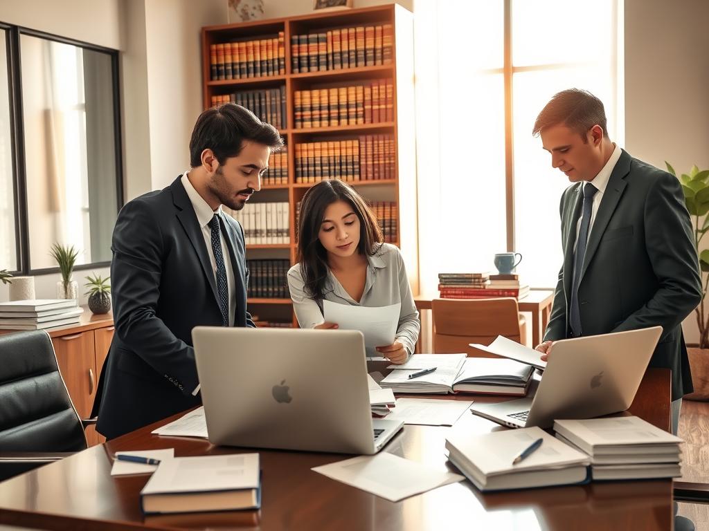 A serene and sophisticated office environment illustrating legal translation. In the foreground, a diverse group of three professionals—two men and one woman—dressed in smart business attire, are engaged in focused discussion over a table filled with legal documents, dictionaries, and a laptop displaying translation software. In the middle ground, a large bookshelf filled with law books and bilingual legal resources emphasizes the theme of expertise in legal translation. The background features a large window with soft, natural light filtering in, casting warm hues that enhance the atmosphere of professionalism and trust. The overall mood is collaborative and meticulous, reflecting themes of accuracy and specialization in corporate law, litigation, and intellectual property. A serene and sophisticated office environment illustrating legal translation. In the foreground, a diverse group of three professionals—two men and one woman—dressed in smart business attire, are engaged in focused discussion over a table filled with legal documents, dictionaries, and a laptop displaying translation software. In the middle ground, a large bookshelf filled with law books and bilingual legal resources emphasizes the theme of expertise in legal translation. The background features a large window with soft, natural light filtering in, casting warm hues that enhance the atmosphere of professionalism and trust. The overall mood is collaborative and meticulous, reflecting themes of accuracy and specialization in corporate law, litigation, and intellectual property.