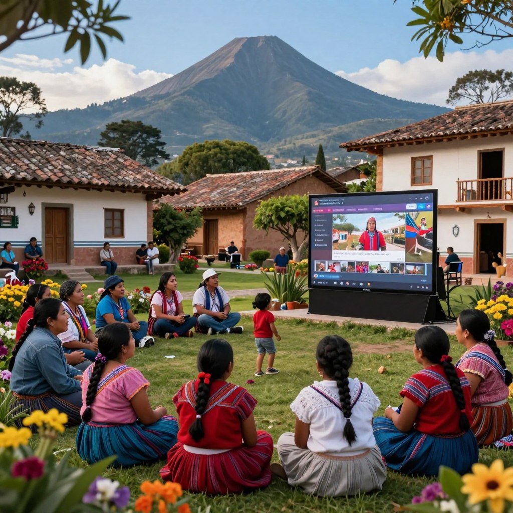 A serene and vibrant scene depicting a traditional Guatemalan village with lush greenery, colorful flowers, and charming adobe houses. In the foreground, a diverse group of individuals, dressed in modest, traditional clothing, gather around a large screen displaying streaming content that highlights indigenous cultures. The middle ground features community members engaged in conversation, sharing stories and experiences, while children play nearby. In the background, majestic mountains rise under a clear blue sky, symbolizing the rich cultural heritage. Soft, warm lighting captures the welcoming atmosphere of the community, creating a sense of connection and celebration. The camera angle is slightly elevated, offering a panoramic view of the scene that emphasizes the unity of culture and technology. A serene and vibrant scene depicting a traditional Guatemalan village with lush greenery, colorful flowers, and charming adobe houses. In the foreground, a diverse group of individuals, dressed in modest, traditional clothing, gather around a large screen displaying streaming content that highlights indigenous cultures. The middle ground features community members engaged in conversation, sharing stories and experiences, while children play nearby. In the background, majestic mountains rise under a clear blue sky, symbolizing the rich cultural heritage. Soft, warm lighting captures the welcoming atmosphere of the community, creating a sense of connection and celebration. The camera angle is slightly elevated, offering a panoramic view of the scene that emphasizes the unity of culture and technology.
