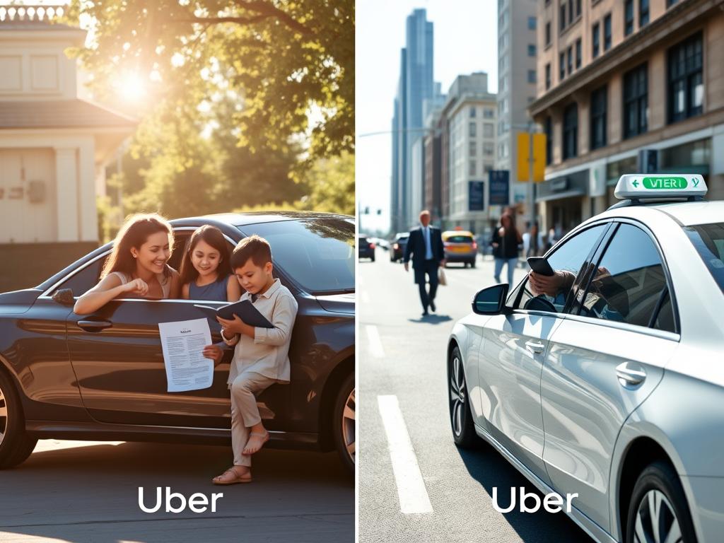A split-screen image comparing vehicle ownership and renting through Uber. On the left, a sleek, modern car parked in a driveway, with a family casually dressed, looking satisfied while examining a vehicle purchase contract. The sunlight casts warm tones, creating a welcoming suburban atmosphere. On the right, a busy city street with a clean, professional Uber car picking up a businessperson in smart attire, showcasing a digital app on their phone. The background features tall buildings and bustling pedestrians, emphasizing urban life. Bright, natural daylight illuminates both scenes, highlighting the pros and cons of each option, with a balanced and informative feel. A split-screen image comparing vehicle ownership and renting through Uber. On the left, a sleek, modern car parked in a driveway, with a family casually dressed, looking satisfied while examining a vehicle purchase contract. The sunlight casts warm tones, creating a welcoming suburban atmosphere. On the right, a busy city street with a clean, professional Uber car picking up a businessperson in smart attire, showcasing a digital app on their phone. The background features tall buildings and bustling pedestrians, emphasizing urban life. Bright, natural daylight illuminates both scenes, highlighting the pros and cons of each option, with a balanced and informative feel.