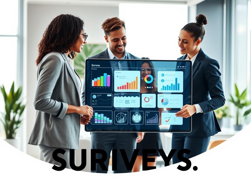 A step-by-step guide to participating in surveys illustrated with a clear, dynamic composition. In the foreground, a diverse group of three professionals, dressed in smart casual attire, are engaged in a discussion around a large, interactive touchscreen display showing colorful graphs and data. In the middle ground, various charts and icons representing survey questions and results are visibly integrated into the touchscreen interface. The background features a modern, well-lit office environment with soft-focus elements, like plants and sleek furniture, to enhance the professional ambiance. The lighting is bright and inviting, creating a sense of motivation and collaboration. Capture the atmosphere of engagement and excitement, focusing on teamwork and innovation in a survey format, without any text or overlays.