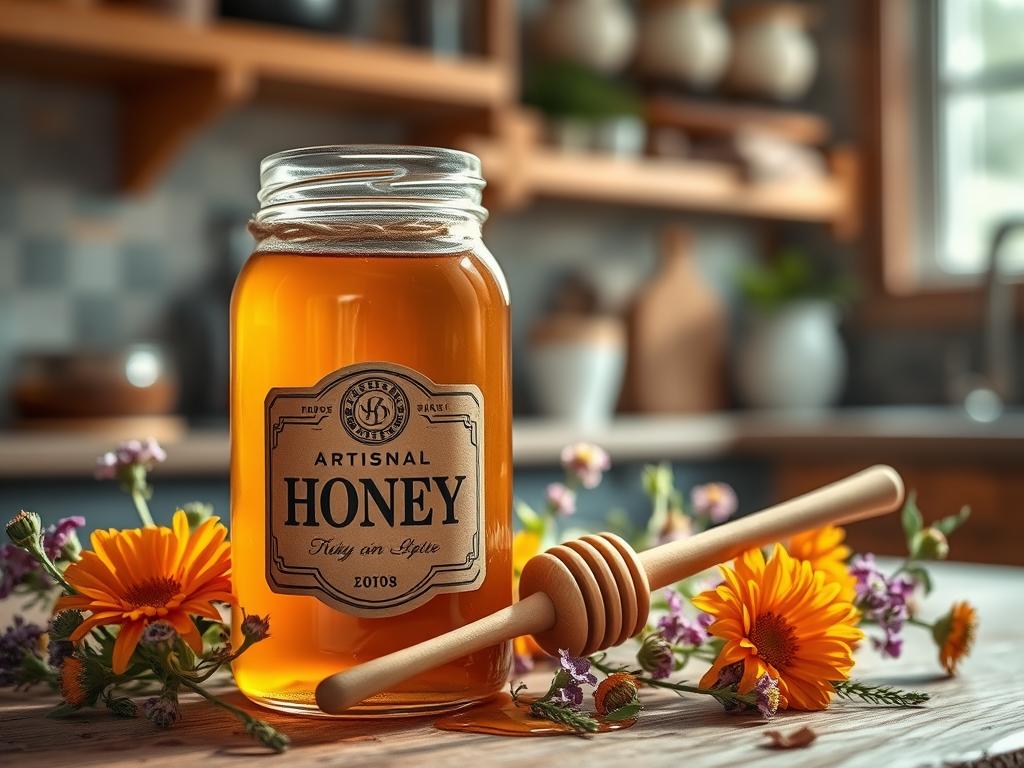 A stunning close-up of a jar of artisanal honey, brimming with golden sweetness, prominently displayed in the foreground. The jar is elegantly labeled with a rustic design, showcasing its handcrafted quality. In the middle ground, a wooden honey dipper rests beside the jar, glistening with honey. Surrounding these elements are vibrant wildflowers and greenery that hint at the natural origins of the honey. The background features a warm, sunlit kitchen setting with soft, inviting lighting, creating a cozy, artisanal atmosphere. Use a shallow depth of field to softly blur the background while keeping the foreground elements in sharp focus. Aim for a warm color palette that evokes feelings of home and tradition.