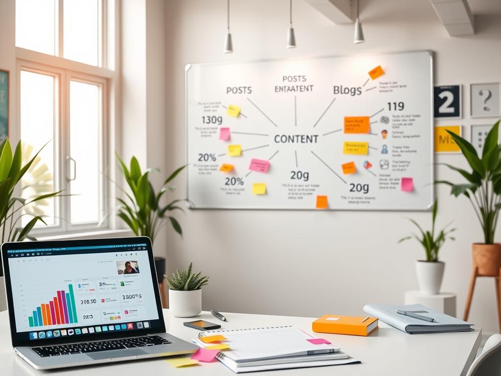 A stylish, modern workspace is filled with vibrant digital graphics illustrating a social media content plan. In the foreground, there's a contemporary desk with a laptop displaying social media metrics, alongside colorful sticky notes and a planner. In the middle, a large whiteboard holds a detailed mind map featuring various content formats—posts, blogs, videos—and icons representing engagement strategies. The background reveals a bright and airy office with motivational posters and green plants, contributing to a creative atmosphere. Soft, natural lighting filters through large windows, enhancing focus and inspiration. The overall mood is professional yet dynamic, showcasing a balance between technology and creativity essential for tech startups in Chile.