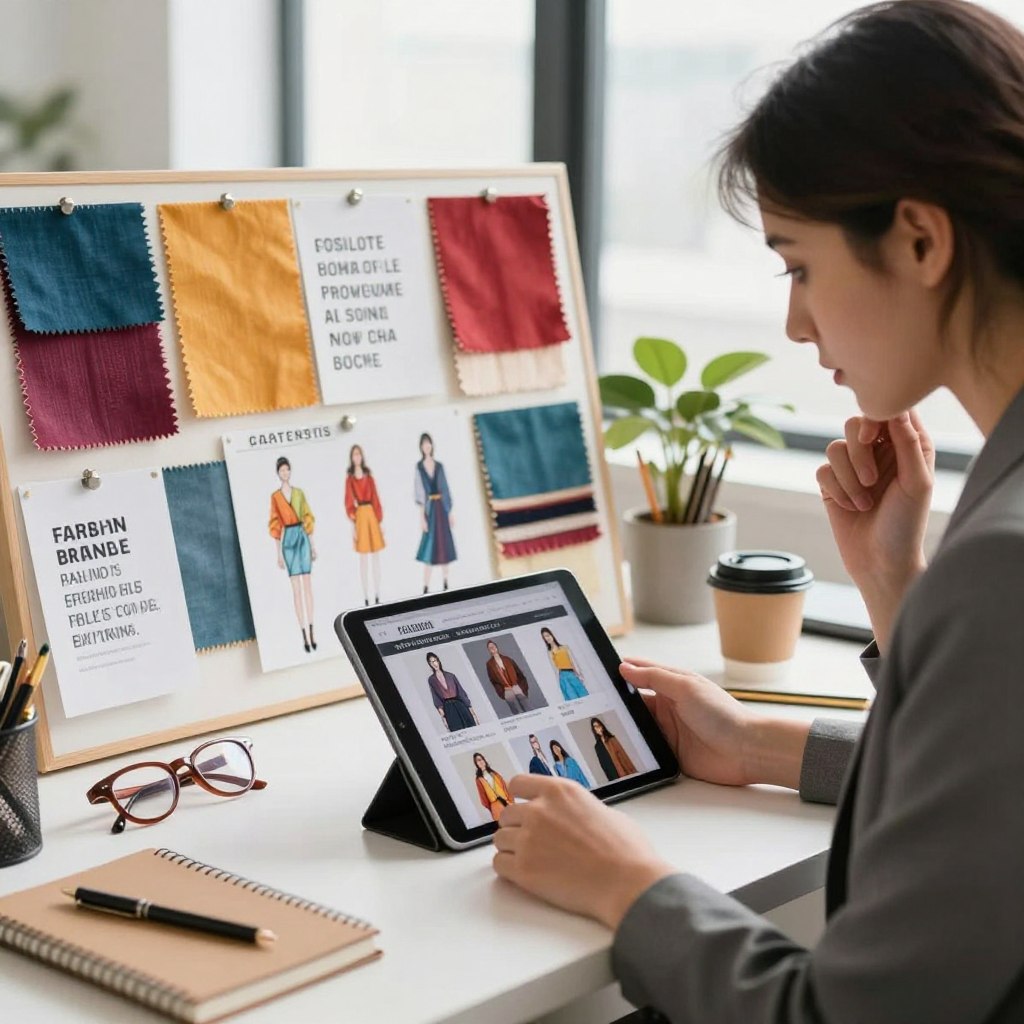 A stylish, modern workspace showcasing a vibrant mood board filled with colorful fabric swatches, fashion sketches, and inspirational quotes about fashion. In the foreground, a confident person dressed in professional business attire is thoughtfully reviewing a tablet displaying fashion content. Their focused expression highlights the importance of educational content for fashion brands. In the middle, scattered accessories like stylish glasses, a notebook, and a cup of coffee add warmth to the scene. The background features a large window letting in soft natural light, emphasizing the creativity and transparency of the space. The overall atmosphere is inspiring and energetic, ideal for fostering innovative fashion ideas in Guatemala while driving sales.