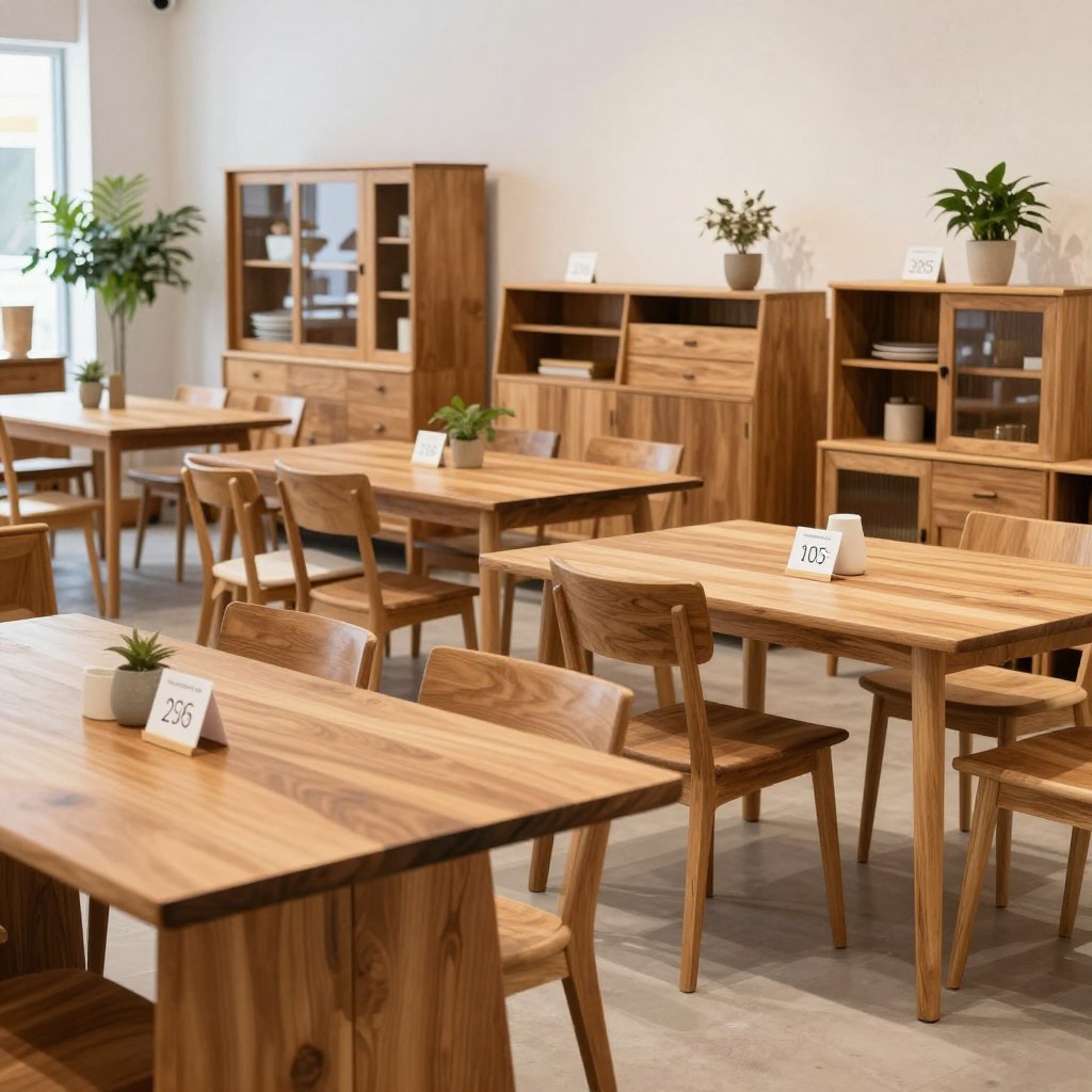 A stylish wooden furniture display in a bright, well-lit showroom, featuring a variety of pieces such as chairs, tables, and cabinets, each labeled with their prices in quetzales. In the foreground, a modern wooden dining table with elegant tableware, reflecting a warm atmosphere. The middle ground showcases diverse wooden furniture pieces, arranged harmoniously to highlight their craftsmanship. The background features a soft-focus of a textured wall with natural wood accents and potted plants, creating a cozy vibe. Use soft, natural lighting to enhance the wood textures, with a slightly elevated angle for depth. The scene conveys a sense of elegance and professionalism, ideal for prospective buyers exploring price ranges and offers.