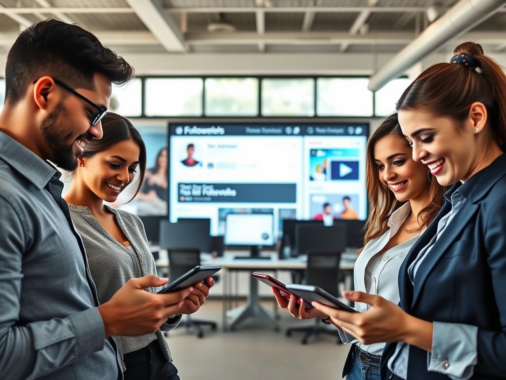 A vibrant and dynamic scene depicting a modern social media environment. In the foreground, a diverse group of three professionals, dressed in smart casual attire, engage with their smartphones and tablets, showcasing various social media platforms. Their expressions are focused and excited, reflecting the thrill of digital connectivity. In the middle, a large screen displays trending hashtags and follower counts, symbolizing growth and engagement. The background features an open office space with elements of technology, like computers and digital artwork on the walls, evoking a creative atmosphere. Soft natural lighting streams through large windows, creating an inviting and energetic mood. The image captures the essence of influencers and the significant impact they have on follower growth in the tech startup context.