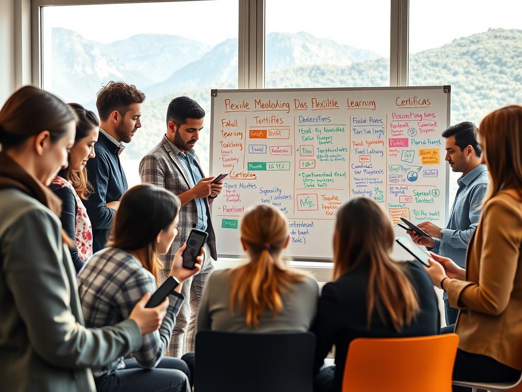 A vibrant and dynamic scene depicting a tutoring environment focused on flexible learning methodologies for adventure tourism courses in Chile. In the foreground, a diverse group of professionals dressed in smart casual attire engages in a collaborative workshop, using tablets and laptops to share ideas. The middle ground features a large whiteboard filled with colorful diagrams and notes illustrating various teaching methods and certifications. In the background, a window reveals a scenic view of the Chilean landscape, showcasing mountains and greenery, adding to the adventurous atmosphere. Soft, natural lighting filters through the window, creating an inspiring, warm mood that promotes creativity and learning. The image should invoke a sense of professionalism and collaboration without any text or distractions.