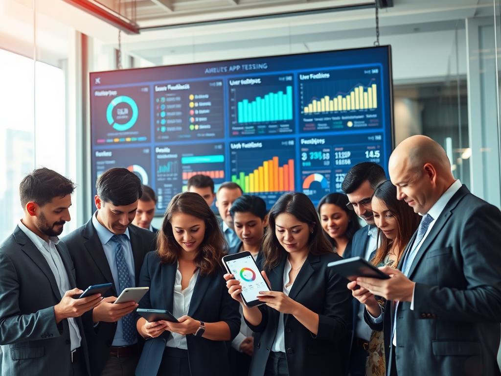 A vibrant and dynamic scene depicting results from crowdtesting in app testing. In the foreground, a diverse group of professionals in business attire closely examines data on digital devices, showcasing various app interfaces and analytics charts. In the middle ground, there are large screens displaying user feedback, rating graphs, and usability testing results. The background features a modern office environment with clear glass walls, soft natural lighting streaming through to create an inviting atmosphere. A subtle sense of collaboration and innovation permeates the image. The angle captures an engaging view that emphasizes teamwork and the focus on digital technology, fostering a mood of professionalism and efficiency.