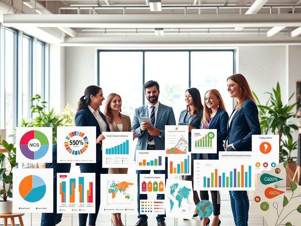 A vibrant and engaging infographic design that showcases various types of infographics suitable for NGOs, depicted in a clean, modern style. In the foreground, display several infographic elements such as pie charts, bar graphs, and icons related to social causes, arranged artistically to demonstrate effective communication methods. The middle ground should feature a diverse group of professionals in business attire, collaboratively discussing the infographic designs, with a focus on their expressions of enthusiasm and engagement. In the background, soft, natural lighting filters through a large window, enhancing a creative workspace filled with plants and design materials. The overall mood is one of inspiration and collaboration, ideal for conveying effective communication strategies for NGOs. A vibrant and engaging infographic design that showcases various types of infographics suitable for NGOs, depicted in a clean, modern style. In the foreground, display several infographic elements such as pie charts, bar graphs, and icons related to social causes, arranged artistically to demonstrate effective communication methods. The middle ground should feature a diverse group of professionals in business attire, collaboratively discussing the infographic designs, with a focus on their expressions of enthusiasm and engagement. In the background, soft, natural lighting filters through a large window, enhancing a creative workspace filled with plants and design materials. The overall mood is one of inspiration and collaboration, ideal for conveying effective communication strategies for NGOs.