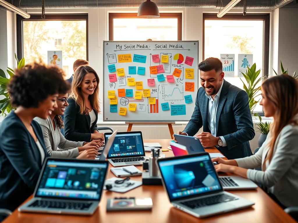 A vibrant and engaging office environment showcasing a diverse group of professionals collaborating on social media strategies. In the foreground, a diverse team—two women of different ethnicities and a man in business attire—are gathered around a table filled with laptops and digital tablets displaying various social media platforms and analytics. The middle layer features a whiteboard filled with colorful sticky notes and charts illustrating engagement metrics. In the background, large windows let in warm natural light, illuminating a modern workspace with green plants and motivational posters. The overall atmosphere is dynamic and focused, reflecting teamwork and innovation in promoting their cause through social media. The image should evoke a sense of community and effective communication. A vibrant and engaging office environment showcasing a diverse group of professionals collaborating on social media strategies. In the foreground, a diverse team—two women of different ethnicities and a man in business attire—are gathered around a table filled with laptops and digital tablets displaying various social media platforms and analytics. The middle layer features a whiteboard filled with colorful sticky notes and charts illustrating engagement metrics. In the background, large windows let in warm natural light, illuminating a modern workspace with green plants and motivational posters. The overall atmosphere is dynamic and focused, reflecting teamwork and innovation in promoting their cause through social media. The image should evoke a sense of community and effective communication.