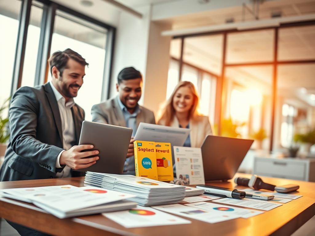 A vibrant and engaging office setting focused on surveys and rewards. In the foreground, a diverse group of three professionals in smart casual attire enthusiastically discussing survey results on a laptop, showcasing their excitement for prizes. The middle layer features an array of colorful visual representations of potential rewards, like gift cards and gadgets, organized neatly on a table with forms and pie charts. In the background, large windows let in warm, natural light, giving a bright and positive atmosphere. The scene is dynamic, conveying a sense of trust and reliability, with soft shadows adding depth. The angle is slightly elevated, capturing the collaboration and enthusiasm around these survey incentives.