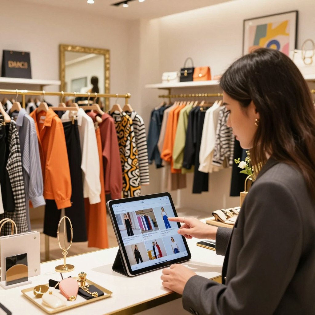 A vibrant and engaging scene featuring a modern fashion influencer in a stylish boutique, showcasing shoppable posts on a digital screen. In the foreground, the influencer, wearing chic and professional attire, interacts with a visually appealing display of clothing, accessories, and a tablet showing video content. In the middle, rich clothing racks filled with colorful garments and carefully arranged accessories create a lively shopping atmosphere. The background highlights soft, warm lighting that enhances the boutique's inviting ambiance, with decorative mirrors and contemporary art pieces adorning the walls. The image conveys an atmosphere of excitement and inspiration, showcasing the seamless blend of fashion and technology in a visually captivating way.