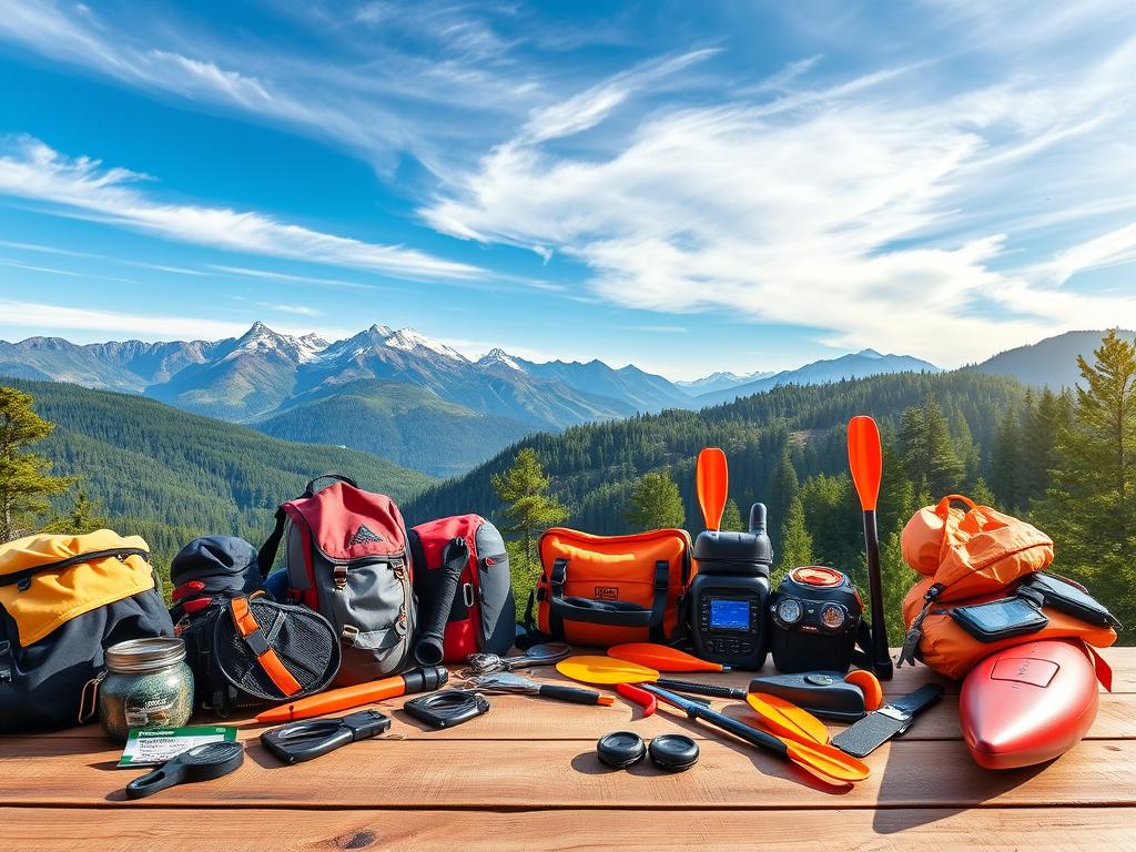 A vibrant and inviting catalog for active tourism in Chile, showcasing various adventure courses. In the foreground, display an assortment of items like climbing gear, mountain biking equipment, and kayaking tools, all artistically arranged on a wooden table. In the middle ground, depict a scenic view of the Chilean landscape, featuring majestic mountains and lush forests. In the background, a clear blue sky with wispy clouds enhances the outdoor atmosphere. Soft, natural lighting bathes the scene, creating a warm and welcoming mood. Use a wide-angle perspective to capture the expanse of the setting. Ensure the image is well-composed, focusing on the excitement of adventure tourism without any text, ensuring a professional and polished look.