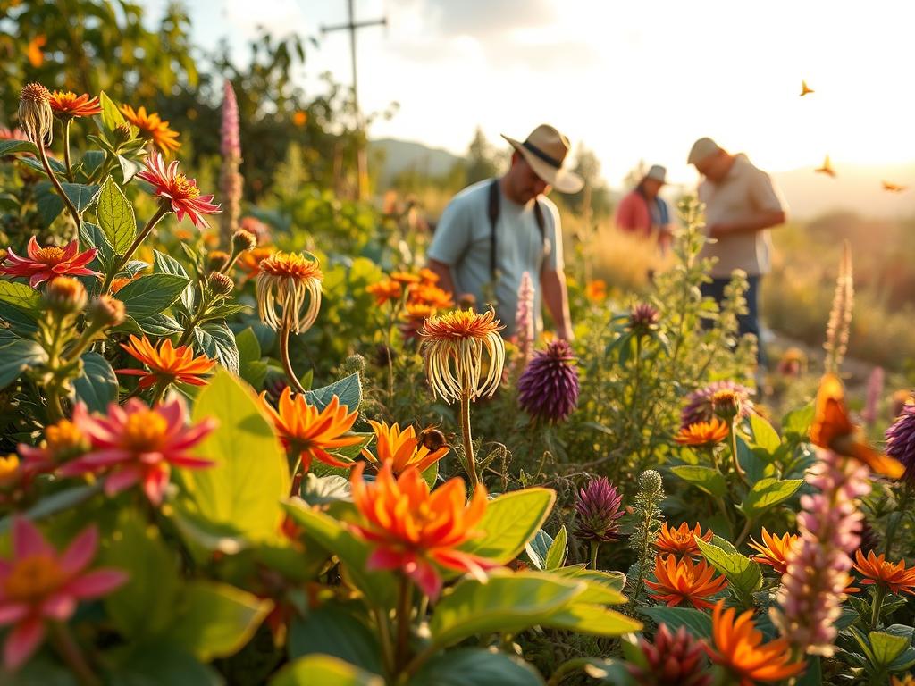 A vibrant and lush native plant garden scene in Chile, focusing on the use of "uso" plants in cultivation. In the foreground, a diverse array of colorful native plants with intricate leaves and flowers, showcasing the importance of biodiversity. In the middle ground, skilled gardeners, dressed in modest casual clothing, tend to the plants, demonstrating responsible cultivation techniques such as sowing seeds and nurturing seedlings. The background features a sunny sky with soft, golden light filtering through, highlighting the richness of the landscape and the role of pollinators like bees and butterflies fluttering around. The atmosphere is warm and inviting, emphasizing harmony with nature and innovative cultivation methods in a sustainable garden setting. A vibrant and lush native plant garden scene in Chile, focusing on the use of "uso" plants in cultivation. In the foreground, a diverse array of colorful native plants with intricate leaves and flowers, showcasing the importance of biodiversity. In the middle ground, skilled gardeners, dressed in modest casual clothing, tend to the plants, demonstrating responsible cultivation techniques such as sowing seeds and nurturing seedlings. The background features a sunny sky with soft, golden light filtering through, highlighting the richness of the landscape and the role of pollinators like bees and butterflies fluttering around. The atmosphere is warm and inviting, emphasizing harmony with nature and innovative cultivation methods in a sustainable garden setting.