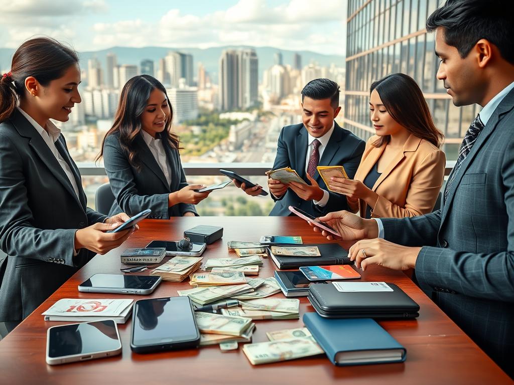 A vibrant and professional representation of payment methods and cash transactions in Venezuela. In the foreground, a diverse group of individuals in professional business attire is discussing and exchanging digital wallets and currency notes, embodying teamwork and financial management. In the middle ground, a stylish table covered with various payment methods like mobile apps, bank cards, and cash with the Venezuelan bolívar prominently displayed. In the background, a modern urban landscape of Caracas, illustrating the financial hustle of the city, under soft natural lighting that conveys a hopeful and prosperous atmosphere. The image has a warm color palette, accentuating the community spirit around financial growth. A vibrant and professional representation of payment methods and cash transactions in Venezuela. In the foreground, a diverse group of individuals in professional business attire is discussing and exchanging digital wallets and currency notes, embodying teamwork and financial management. In the middle ground, a stylish table covered with various payment methods like mobile apps, bank cards, and cash with the Venezuelan bolívar prominently displayed. In the background, a modern urban landscape of Caracas, illustrating the financial hustle of the city, under soft natural lighting that conveys a hopeful and prosperous atmosphere. The image has a warm color palette, accentuating the community spirit around financial growth.