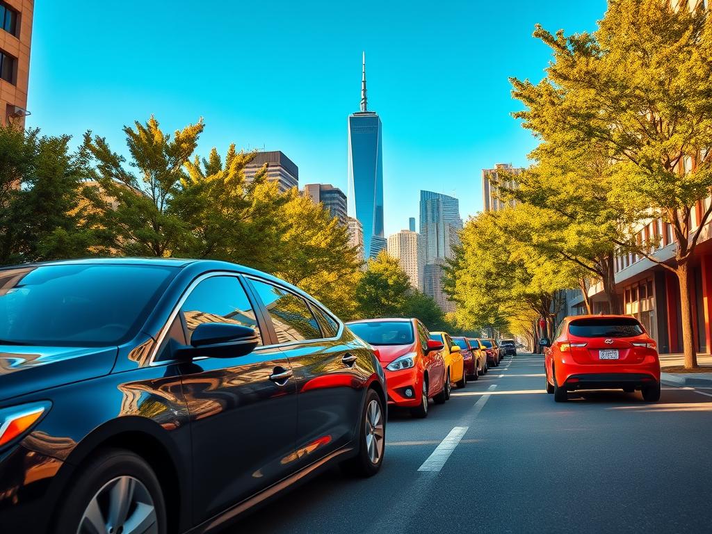 A vibrant city street scene showcasing a diverse fleet of vehicles available for Uber rentals. In the foreground, a sleek black sedan and a spacious SUV are parked side by side, their shiny surfaces reflecting the afternoon sun. The middle ground features a couple of compact cars in bright colors, indicating options for various categories. In the background, a modern city skyline looms under a clear blue sky, with green trees lining the sidewalks to add life to the urban environment. Soft golden hour lighting bathes the scene, creating a warm and inviting atmosphere. The angle is slightly elevated, providing a clear view of the vehicle lineup, capturing the essence of convenience and choice in urban transportation. A vibrant city street scene showcasing a diverse fleet of vehicles available for Uber rentals. In the foreground, a sleek black sedan and a spacious SUV are parked side by side, their shiny surfaces reflecting the afternoon sun. The middle ground features a couple of compact cars in bright colors, indicating options for various categories. In the background, a modern city skyline looms under a clear blue sky, with green trees lining the sidewalks to add life to the urban environment. Soft golden hour lighting bathes the scene, creating a warm and inviting atmosphere. The angle is slightly elevated, providing a clear view of the vehicle lineup, capturing the essence of convenience and choice in urban transportation.