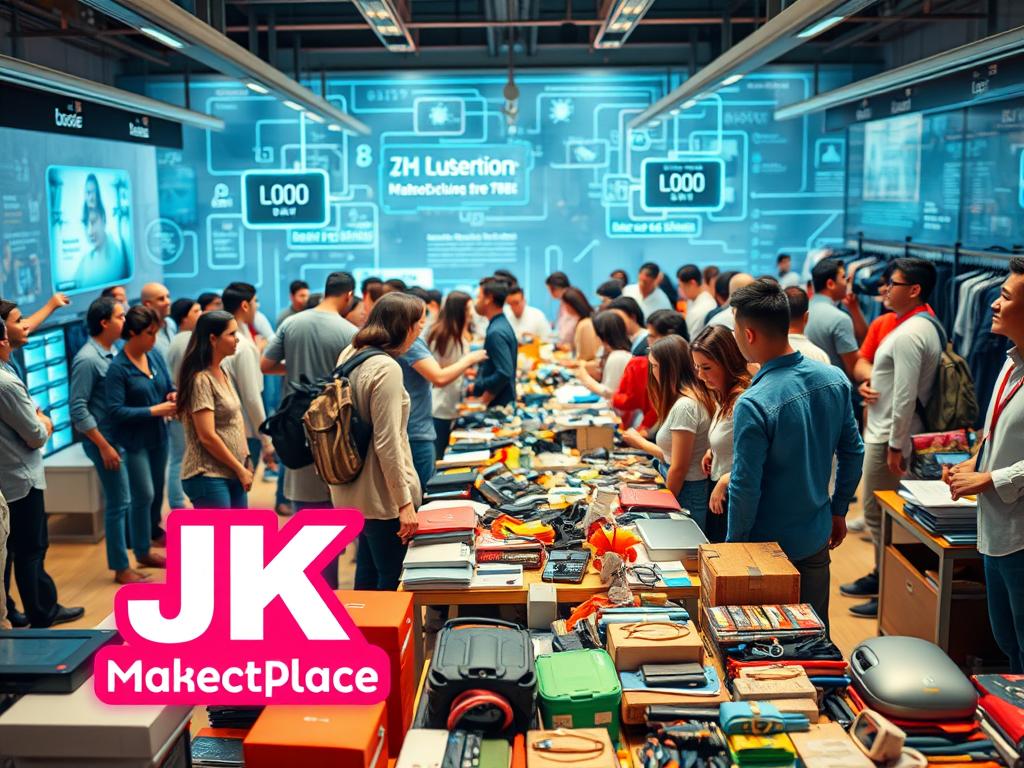 A vibrant depiction of a bustling online marketplace scene, with digital icons representing "JK Marketplace" prominently displayed in the foreground. Show a diverse group of people engaged in buying and selling second-hand items, dressed in casual but tidy clothing, exuding a sense of community and cooperation. In the middle ground, include tables or stalls filled with various second-hand goods like electronics, clothing, and furniture, showcasing low prices. The background features an abstract digital interface with subtle animations hinting at online transactions, creating an energetic atmosphere. Use bright, warm lighting to evoke a welcoming mood, and a wide-angle lens effect to give a sense of depth and activity in this lively marketplace environment.