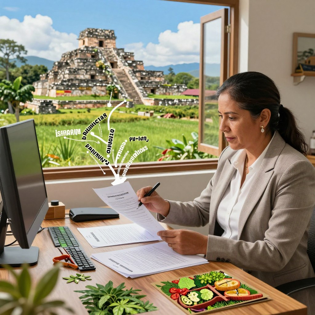 A vibrant, detailed illustration of agricultural document translation taking place in Guatemala. In the foreground, a professional translator, a middle-aged woman wearing business casual attire, is attentively reviewing bilingual documents on a wooden desk filled with agricultural imagery such as crops and farming tools. The middle area shows symbols representing various languages (Spanish, English, and indigenous languages) in an artistic flow around the translator. In the background, a picturesque Guatemalan landscape with lush green fields and Mayan ruins under a bright blue sky gives a sense of location. The scene is well-lit with natural sunlight streaming in through a window, creating a warm atmosphere that emphasizes professionalism and cultural richness.