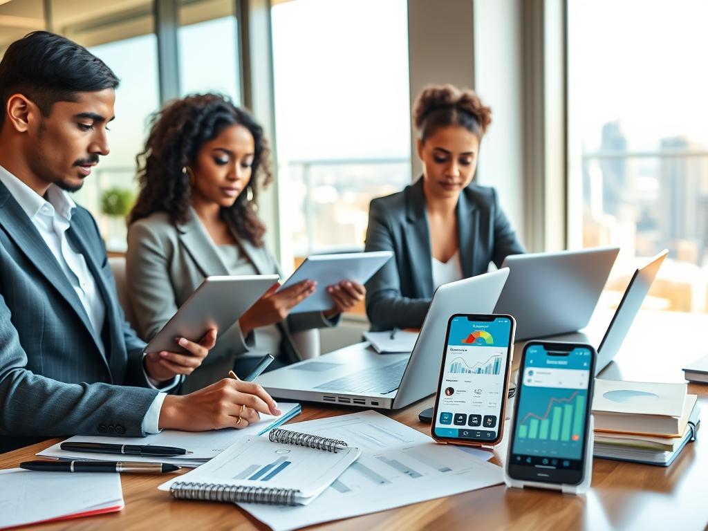 A vibrant digital workspace scene showcasing various online money-making options. In the foreground, a diverse group of three individuals in professional business attire, focused and engaged with laptops and tablets, reviewing surveys and participating in online earning activities. In the middle, a stylish desk cluttered with notebooks, graphs, and a smartphone displaying a survey app, symbolizing modern technology and productivity. The background features a large window with a bright cityscape view, suggesting a sunny day that enhances the optimistic atmosphere. Soft, natural light illuminates the scene, capturing a moment of motivation and potential, with warm color tones that evoke a sense of opportunity and growth.